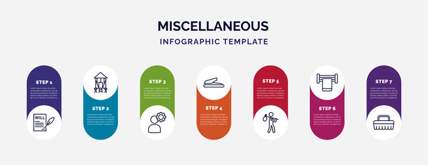 infographic template with icons and 7 options or steps. infographic for miscellaneous concept. included will, granary, thinking solutions, puncher, refugee, towel rack, cleaning brush icons. - obrazy, fototapety, plakaty