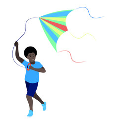 Portrait of a black boy who runs with a kite in his hands, flat vector, isolate on a white background, outdoor games