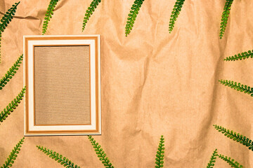 wooden frame on the left as copy space next to more vintage copy space, jungle leaves, creative summer modern wallpaper