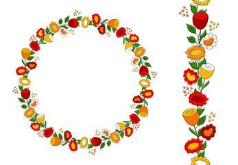 Illustration of a wreath and a seamless brush of colorful bright flowers. Doodle style. Vector illustration
