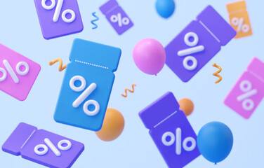 Festive background of coupons. The concept of a sale. 3d rendering illustration. For big discounts on birthday, Christmas.