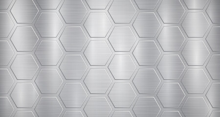 Abstract metallic background in gray colors with highlights and a big voluminous convex hexagonal plates