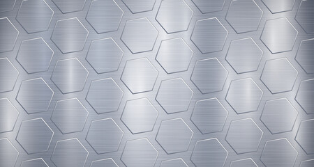 Abstract metallic background in light blue colors with highlights and a big voluminous convex hexagonal plates
