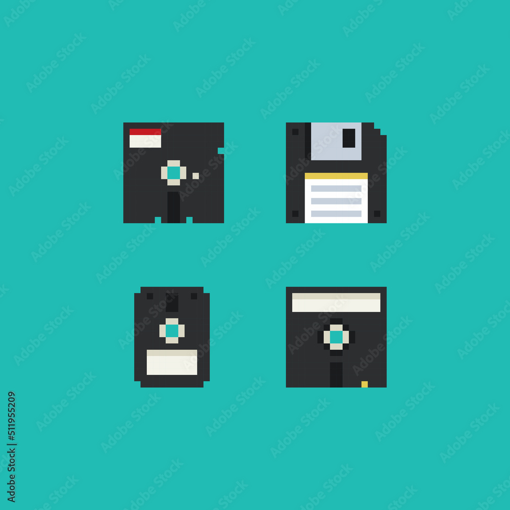Poster floppy disk save icon set. pixel art 8 bit retro. video game vintage sprite. isolated vector illustr