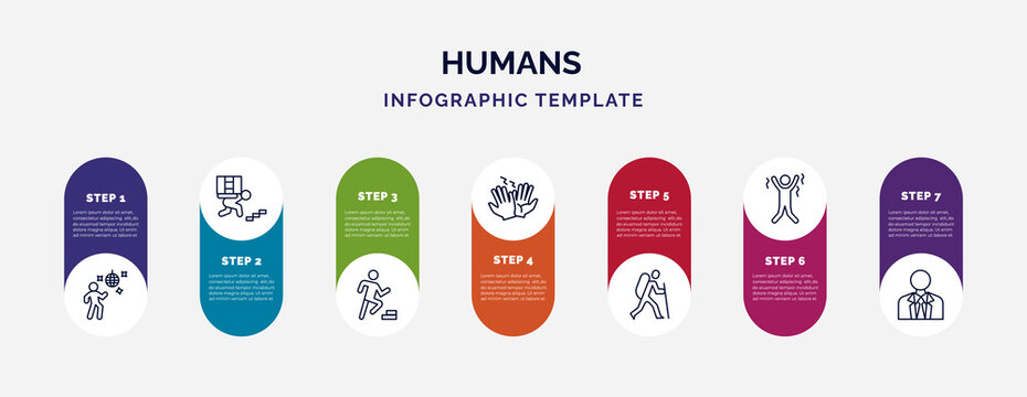 Infographic Template With Icons And 7 Options Or Steps. Infographic For Humans Concept. Included Man Dancing, Carrying On Back, Smortsmen, High Five, Man In Hike, Happy Man, Businessman With Tie