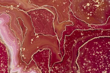 Pink and red agate marble with gold lines. Alcohol ink fluid abstract texture fluid art with gold glitter and liquid - obrazy, fototapety, plakaty