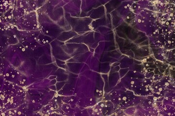 Golden design on deep purple stone. Alcohol ink fluid abstract texture fluid art with gold glitter and liquid