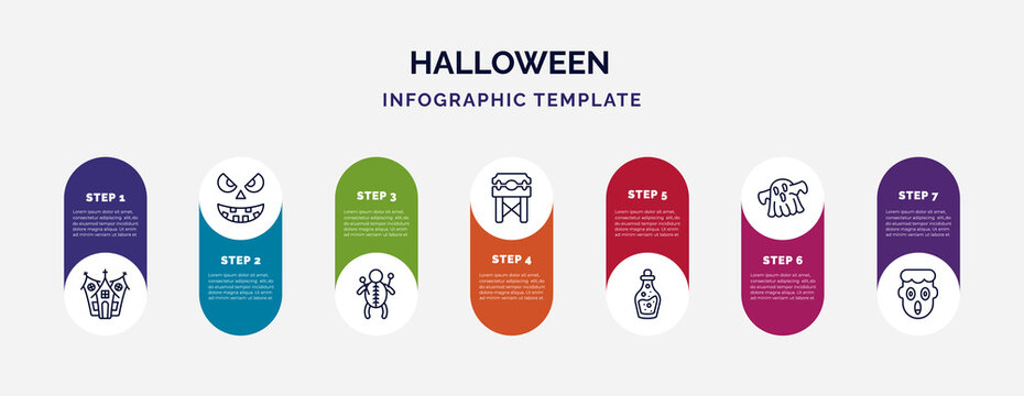 Infographic Template With Icons And 7 Options Or Steps. Infographic For Halloween Concept. Included Haunted House, Pumpkin Face, Doll, Pillory, Flask Bottle, Halloween Ghost, Fear Icons.