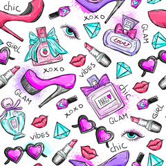 Fashion Seamless Pattern for woman with perfume, lipstick, nail polish, shoes, lips and other elements. Girl abstract print hand drawing style Background
