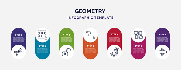 infographic template with icons and 7 options or steps. infographic for geometry concept. included trim, ungroup, unlock, line segment, redo, array, stretch icons.