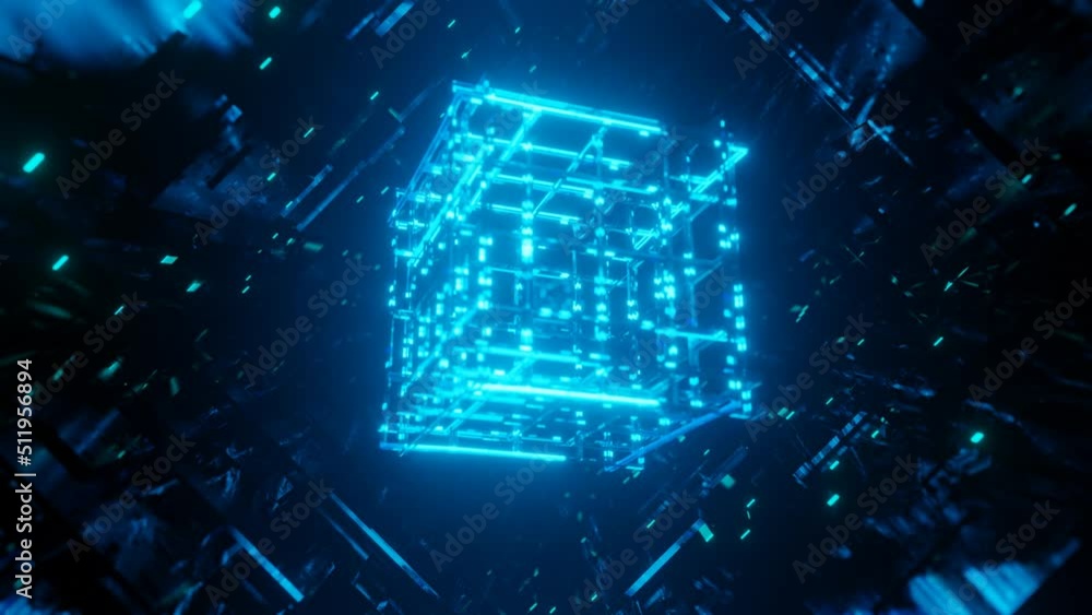 Poster 3d object or structure rotates and moves inside glass mirror tunnel with neon light, bright reflecti