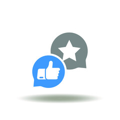 Vector illustration of speech bubbles with star and thumb up sign. Icon of like vip top best service. Symbol of customer experience.
