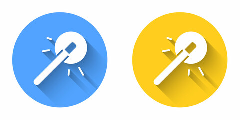 White Magic wand icon isolated with long shadow background. Star shape magic accessory. Magical power. Happy Halloween party. Circle button. Vector