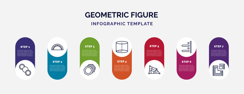 infographic template with icons and 7 options or steps. infographic for geometric figure concept. included row, semicircle, background, cylinder, distort, right alignment, segment icons.