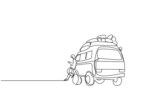 line art van with person, travel