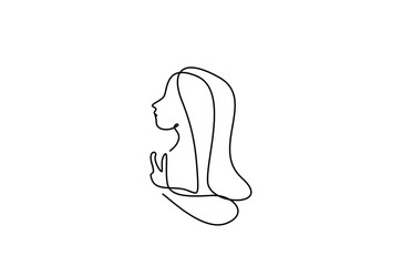 one beautiful wavy haired female head and raises index finger to explain and show something