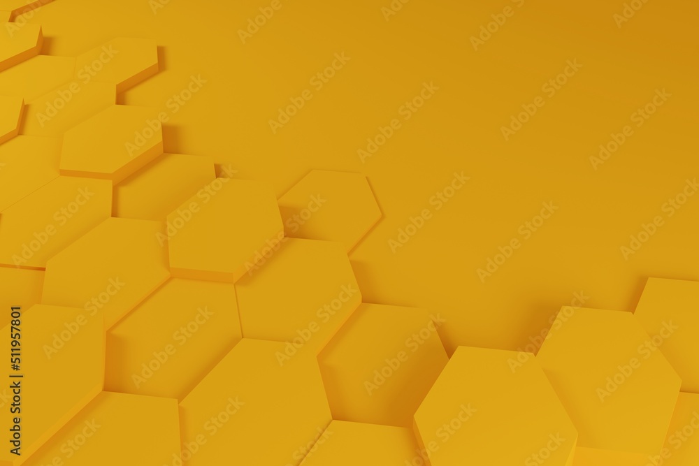 Poster abstract yellow illustration with honeycombs, hexagonal shapes with shadow, 3d rendering
