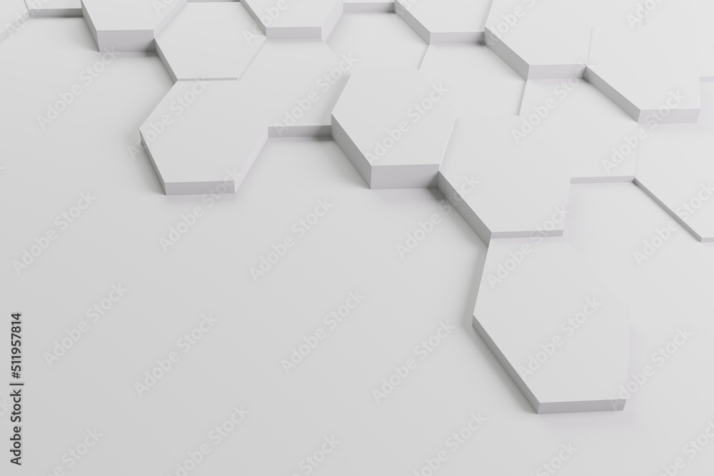 Poster abstract illustration with honeycombs, hexagonal grey shapes with shadow, 3d rendering