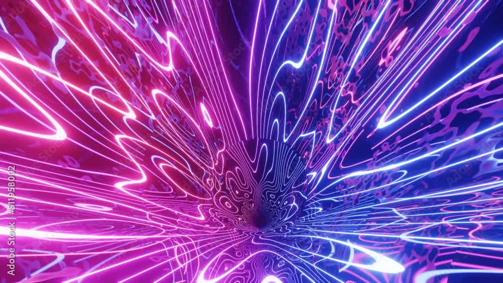Poster hi-tech neon sci-fi tunel. trendy neon glow lines form pattern and construction in mirror tunnel. cu