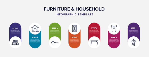 infographic template with icons and 7 options or steps. infographic for furniture & household concept. included floor, pet house, small saucepan, rugs, table, waste basket, cuckoo clock icons.