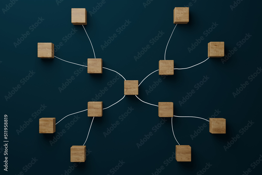 Poster wooden blocks connected to each other. concept of interconnected elements, information flow.