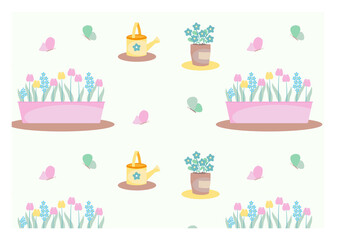 Seamless vector pattern of garden tools, flowers and butterflies on a white background