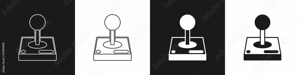 Sticker set joystick for arcade machine icon isolated on black and white background. joystick gamepad. vecto