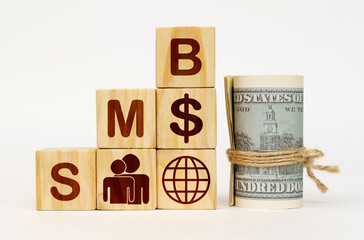 On a white surface, dollars and cubes with images and the inscription - SMB