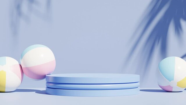 Blue podium or pedestal for products or advertising on tropical background with beach balls, 3d render