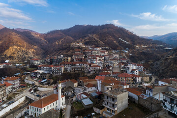 Fototapeta na wymiar Aerial view of Myki, village in the Xanthi,Greece. The majority of the population in the municipality are members of the Turkish Minority