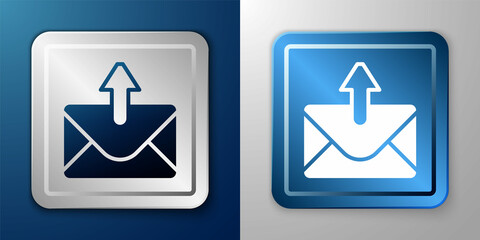 White Mail and e-mail icon isolated on blue and grey background. Envelope symbol e-mail. Email message sign. Silver and blue square button. Vector