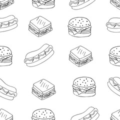 Fast food doodle seamless pattern in vector. Seamless hand drawn fast food pattern in vector. Doodle fast food background with hotdog, cheeseburger and burger in vector