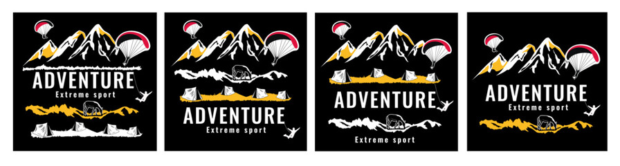 A set of posters dedicated to active and extreme sports. Vector stock illustration. Rest with tents. Black background