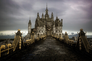 Road lined with human bones leading to dark fantasy castle with giant skull statue. 3D render. © IG Digital Arts