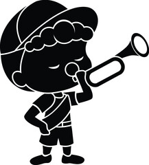 Black and White Cartoon Illustration Vector of a Boy Scout Playing the Trumpet