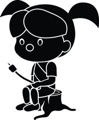 Obraz premium Black and White Cartoon Illustration Vector of a Girl Sitting on a Wood Stump Roasting Marshmallows