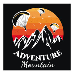 Logo with sunset and mountains. Paragliders. Vector stock illustration. Adventure. Extreme sports. Rocks. Black background. Retro style