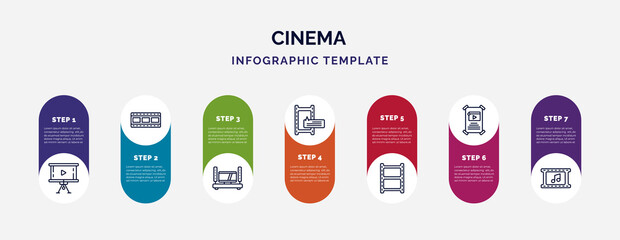 infographic template with icons and 7 options or steps. infographic for cinema concept. included projector screen, film, home cinema, subtitle, photograms, film poster, soundtrack icons. - obrazy, fototapety, plakaty