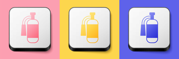 Isometric Fire extinguisher icon isolated on pink, yellow and blue background. Square button. Vector