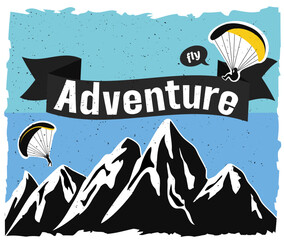 Torn logo with mountains background. Parachutists are jumping. Emblem of extreme sports. Rocks. Vector stock illustration. Blue background