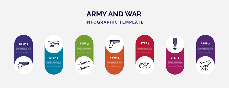 infographic template with icons and 7 options or steps. infographic for army and war concept. included pistol, helicopter, barbed wire, gun, binoculars, condecoration, canon icons.