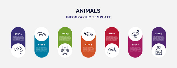 infographic template with icons and 7 options or steps. infographic for animals concept. included flock of birds, coati, trapeze artists, coelodonta, hornbill, cassowary, pet shop icons. © IconArt