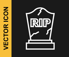 White line Tombstone with RIP written on it icon isolated on black background. Grave icon. Happy Halloween party. Vector