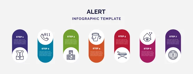 Foto op Plexiglas infographic template with icons and 7 options or steps. infographic for alert concept. included life vest, 911, police station, water bucket, stretcher, water hose, hel icons. © IconArt