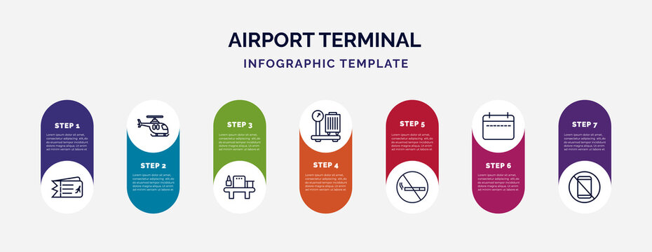 infographic template with icons and 7 options or steps. infographic for airport terminal concept. included two plane tickets, helicopter flying, luggage security, baggage scale, no smoking, week