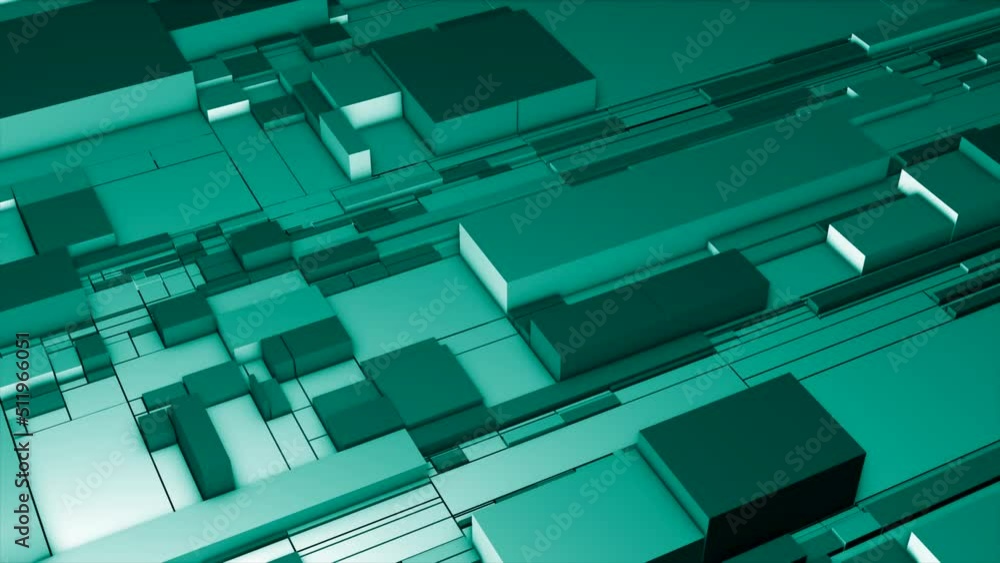 Poster turquoise and purple background. motion . bright rectangles of different sizes in 3d that expand in 