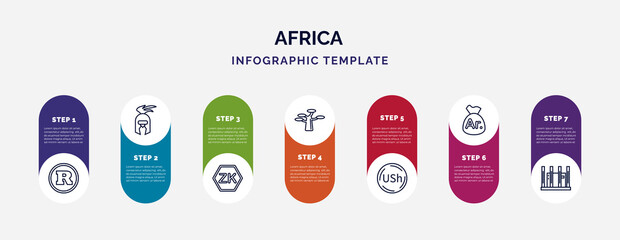 infographic template with icons and 7 options or steps. infographic for africa concept. included south african rand, warrior, zambian kwacha, marula, ugandan shilling, malagasy ariary, apartheid - obrazy, fototapety, plakaty
