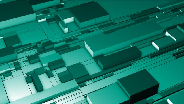 Turquoise and purple background. Motion . Bright rectangles of different sizes in 3d that expand in different directions.
