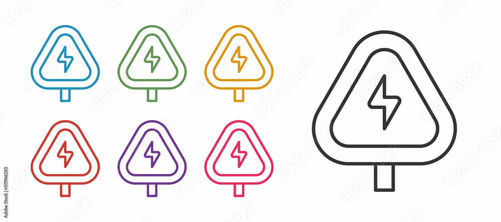 Poster set line high voltage sign icon isolated on white background. danger symbol. arrow in triangle. warn