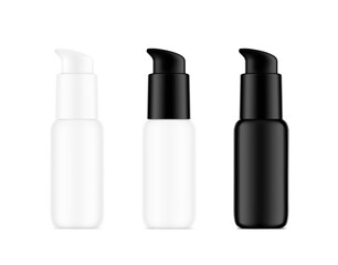 White and black airless pump bottle mockup. Vector illustration isolated on white background. Сan be used for cosmetic, medical and other needs. Symmetrical lighting scheme. EPS10.	